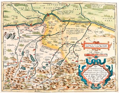 Typus Vindeliciae Ssive Both Bavariae: Ifølge det gamle og moderne sted, engang beskrevet af Joanne Aventino... Geografisk kort over Bayerns territorium i Tyskland fra "Theatrum Orbis Terrarum" af Abraham Ortelius (Oertel, Ortell eller Ortel af Abraham Ortelius