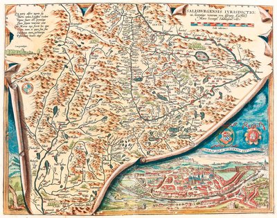 En ægte beskrivelse af byen Salzburg Geografisk kort over Salzburgs område i Østrig fra "Theatrum Orbis Terrarum" af Abraham Ortelius (Oertel, Ortell eller Ortel af Abraham Ortelius
