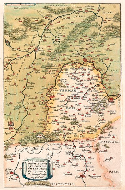 Veromanuorum Eorum que Confinium Accurssima Beskrivelse Geografisk kort over territoriet Vermandois og Picardie i Gallien (Frankrig) fra "Theatrum Orbis Terrarum" af Abraham Ortelius (Oertel, Ortell eller Ortel af Abraham Ortelius