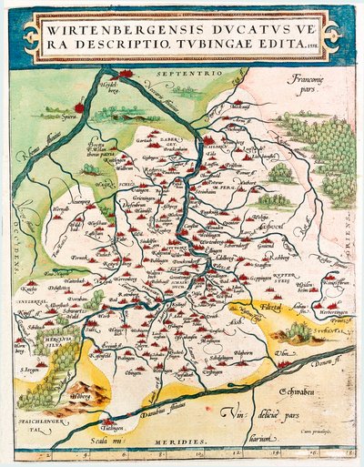 Ducatus Wirtenbergensis Sand beskrivelse, offentliggjort i Tubing 1558 Geografikort over Baden-Wuerttemberg (Baden Wuerttemberg) territorium i Tyskland taget fra "Theatrum Orbis Terrarum" af Abraham Ortelius (Oertel, Ortell eller Ortel af Abraham Ortelius