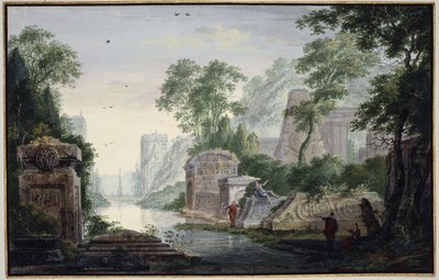 Antikke gravruiner i et flodlandskab af Abraham Rademaker