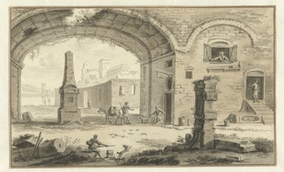 Fantaseret italiensk bybillede med klassiske bygninger og udsigt under en bue af Abraham Rademaker
