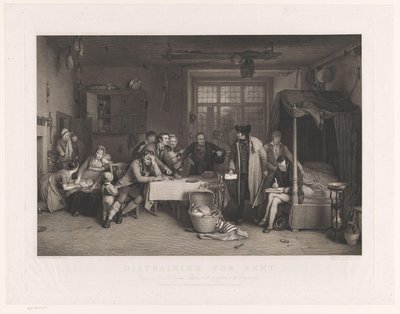Sobert interiør med mænd, der beslaglægger en families ejendom Udlæg til leje (betegnelse på objekt) af Abraham Raimbach