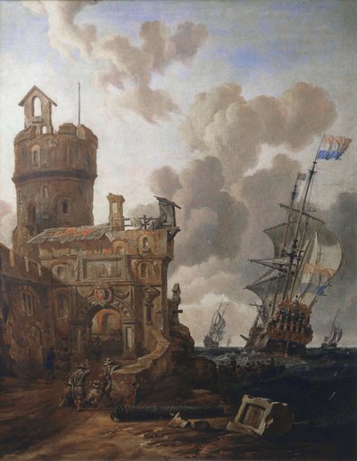 Et hollandsk skib passerer et fort af Abraham Storck