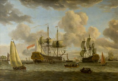 En hollandsk skibsscene med fartøjer i mundingen af floden In, ca. 1664-1708 (olie på lærred) af Abraham Storck