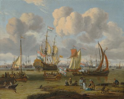 Hollandsk: Schepen op het IJ voor Amsterdam Skibsfart ud for Amsterdam med figurer på en kaj af Abraham Storck