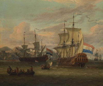 Hollandske kystfartøjer ved en havn ved Middelhavet af Abraham Storck