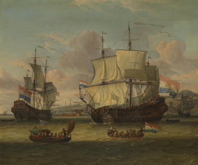Hollandske kystfartøjer ved en havn ved Middelhavet af Abraham Storck