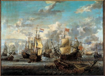 Anden anglo-neerlandskrig: "" Slaget om de fire dage fra 11 til 14/06/1666"" Hun modsatte de hollandske flåder til englænderne. Maleri af Abraham Storck (1635-1710) (ec.hol.) 1600-tallets Paris, Musee de la Marine af Abraham Storck