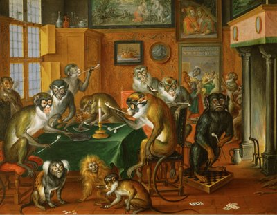 Tabakskollegium von Affen - Rygning af aber ... (olie på kobber) af Abraham Teniers