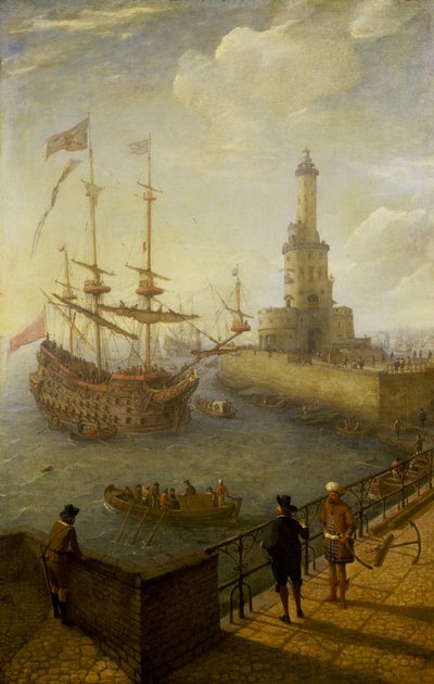 Et spansk tremastet skib ligger for anker ud for Napolis (Italien) kyst, set fra en brolagt mole i byen, mod fyrtårnet og bygningerne i middelhavshavnen. af Abraham Willaerts