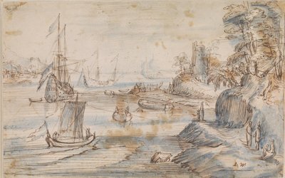 Kystlandskab med flere skibe, en høj kyst med flere figurer af Abraham Willaerts