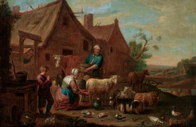 Bondefamilie med kvæg, får og geder i en gård (olie på lærred) af Abraham Willemsens