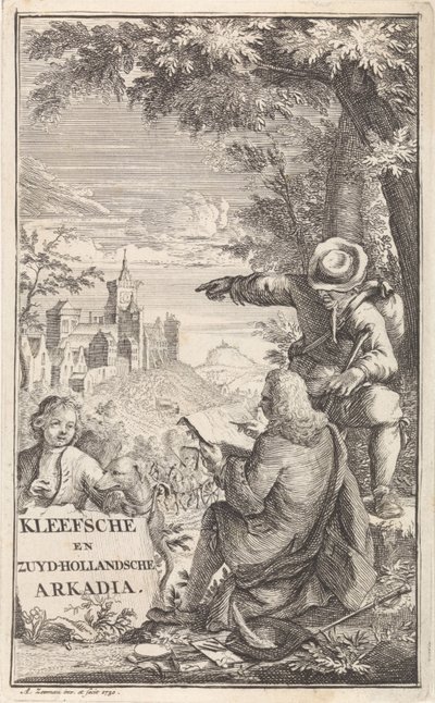 Rejsende tegner byen Kleve Titelside for: C. Bruin, Kleefsche og Zuid-Hollandsche Arkadia (...), 1730 af Abraham Zeeman