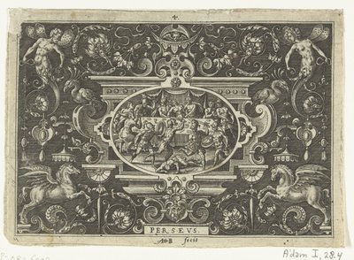 Cartouche: Phineus forstyrrer Perseus og Andromedas bryllup PERSEUS (titel på objekt) Ovale kartoucher med scener fra Perseus