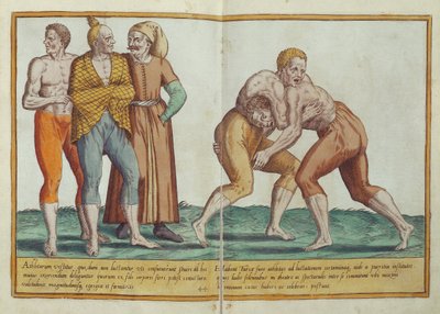 Turks wrestling, kostumer fra det sekstende århundrede fra Omnium Poene Gentium Imagines, udgivet i Köln, 1577 (håndfarvet gravering) af Abraham de Bruyn