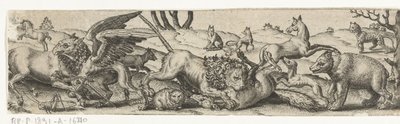 Kamp mod dyr i et landskab. af Abraham de Bruyn