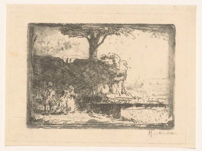 Landskab med tre figurer af Abraham de Miranda (signed by artist)