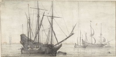 Sejlskibe på stille vand nær kysten af Abraham de Verwer (possibly)