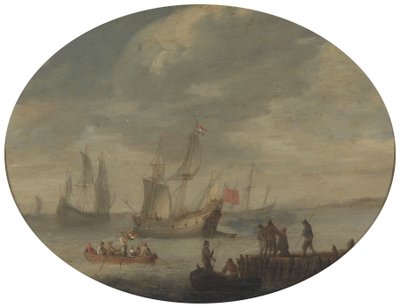 Bevæbnede købmænd ud for den hollandske kyst forbereder sig på at sejle af Abraham de Verwer