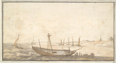 Strand med skibe nær Scheveningen af Abraham de Verwer