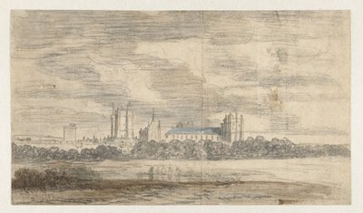 Udsigt over Château de Vincennes, bag en række træer af Abraham de Verwer
