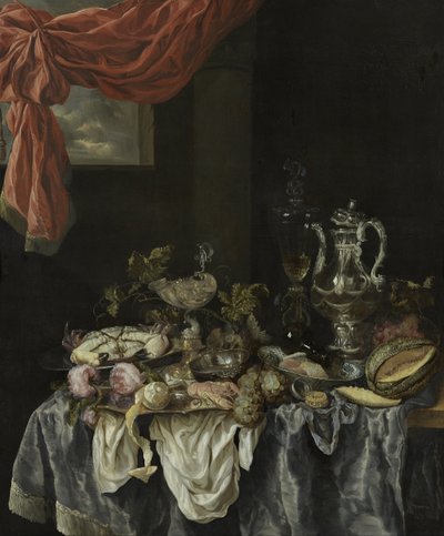 Overdådigt stilleben med glas- og sølvtøj, frugt, skaldyr og et ur på en mørk dug af Abraham van Beijeren