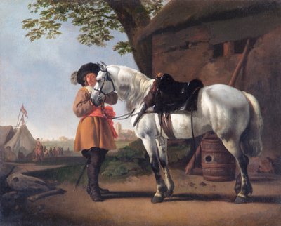 En kavaler med en grå hest (olie på lærred) af Abraham van Calraet