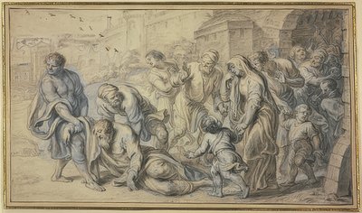 Gammel mand bliver løftet fra jorden af ​​beboere foran murene i en by af Abraham van Diepenbeeck