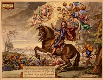 Charles II med en dedikation på fransk, med Old London Bridge i baggrunden, fra The Method and New Invention of Dressing Horses af William Cavendish, udgivet 1737 (2nd edn) (akvatint) af Abraham van Diepenbeeck