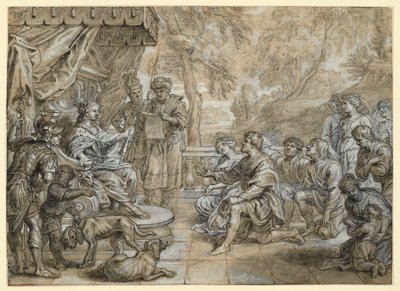 En dronning med hermelinskåbe og scepter (Semiramis?) på en trone, foran hende knæler en gruppe mænd og kvinder af Abraham van Diepenbeeck