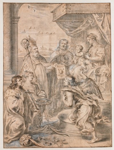 Maria med barn på tronen tilbedt af tre helgener af Abraham van Diepenbeeck