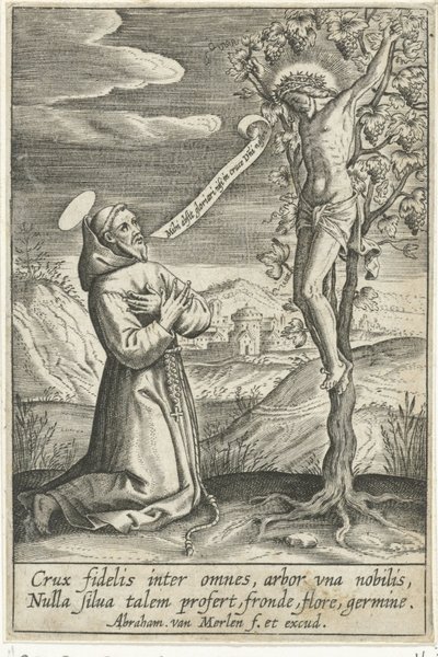 Knælende helgen før Kristus på korset af Abraham van Merlen