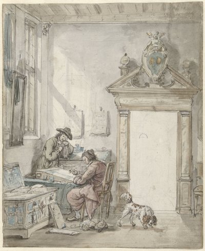 Interiørscene med en skrivende mand ved et skrivebord af Abraham van Strij (I)