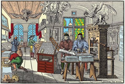 Interiør af en trykkeri i Nürnberg, Tyskland: arbejdere på arbejde, begyndelsen af det 17. århundrede - grav. af Abraham van Werdt. af Abraham van Werdt