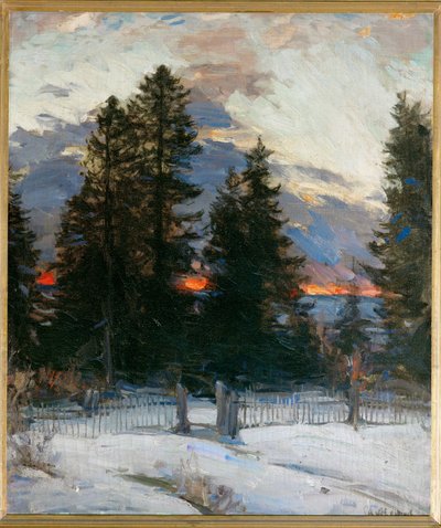 Solnedgang i et vinterlandskab (maleri på lærred) af Abram Efimovich Arkhipov