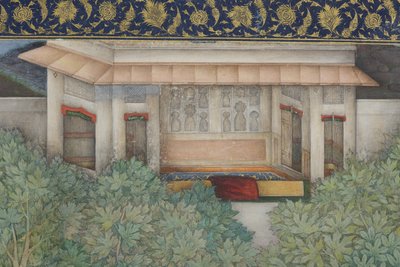 Detalje fra kejser Jahangir med hellige mænd i en have, ca. 1615 (ugennemsigtigt wc & guld på papir) af Abul Hasan