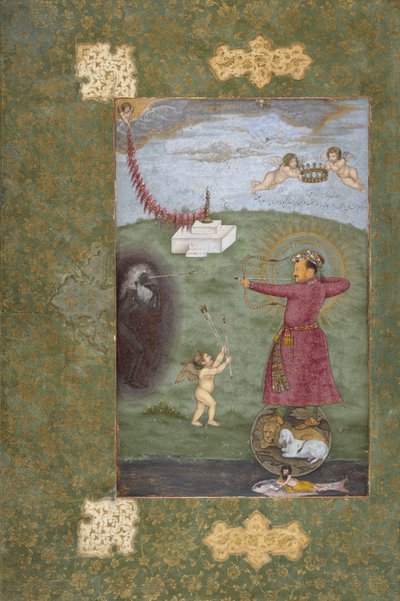Kejser Jahangir Triumphing Over Poverty, ca. 1620-25 (ugennemsigtig akvarel, guld og blæk på papir) af Abul Hasan