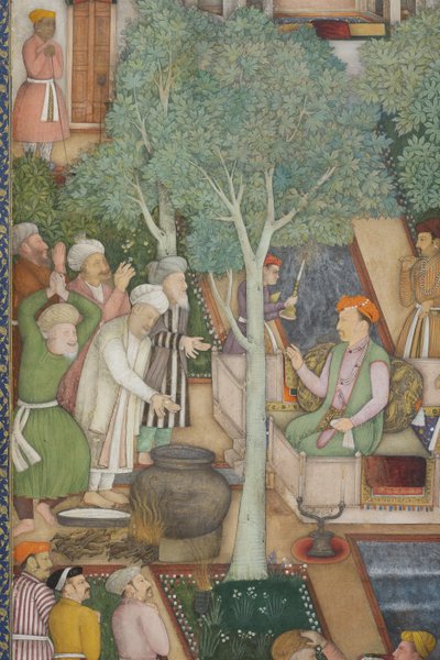 Detalje fra kejser Jahangir med hellige mænd i en have, ca. 1615 (ugennemsigtigt wc og guld på papir) af Abul Hassan Ghaffari