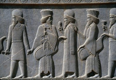 Detalje fra en processionsfrise på østsiden af Apadana-paladset, Persepolis, Iran, ca. 518-465 f.Kr. (grå sten) af Achaemenid