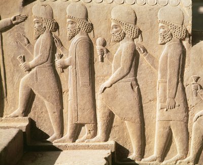 Relief, der viser medianvagter fra trapperne i Triplyon Hall, Achaemenian Period, 6.-5. århundrede f.Kr. (kalksten) af Achaemenid