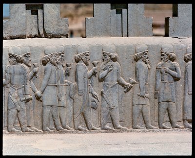 Udsigt over relieffer af nordlige trapper af Achaemenid