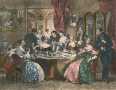 Le The, The Tea Party (farvelitografi) af Achille (after) Deveria