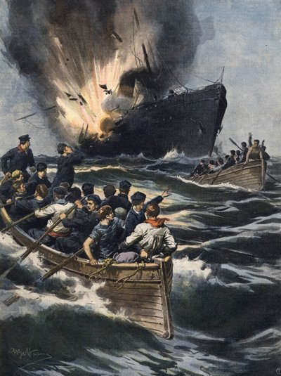 En tysk dampbåd eksploderede mellem Sicilien og den tunesiske kyst. Besætningen havde tid til at flytte ombord på bådene. Ill. de Beltrame. La Domenica del Corriere. 06/1909. af Achille Beltrame