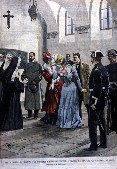 I Madrid bliver en ung kvinde, Mademoiselle Ubao, revet fra livet som en nonne i et kloster, hvor hun var på forslag fra jesuitterne. Illustration af Beltrame. Domenica del corriere. 1901. af Achille Beltrame