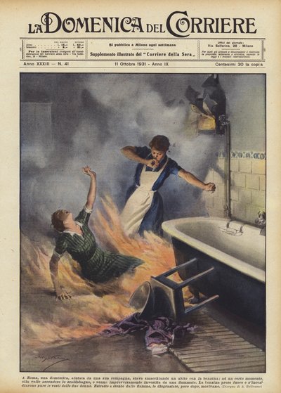 Blev en tjenestepige i Rom, hjulpet af en af ​​sine venner, renset en kjole med benzin? af Achille Beltrame