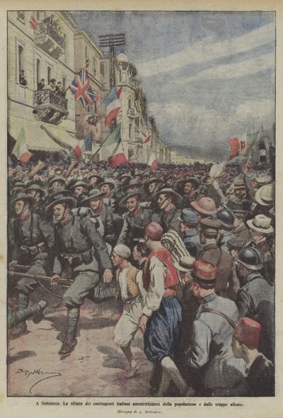 I Thessaloniki, paraden af ​​de italienske kontingenter beundret af befolkningen og allierede tropper af Achille Beltrame