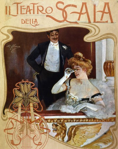 Et par steder i et omklædningsrum på Teatro alla Scala. Den unge kvinde observerer scenen med en kikkert. Illustration af Achille Beltrame. af Achille Beltrame