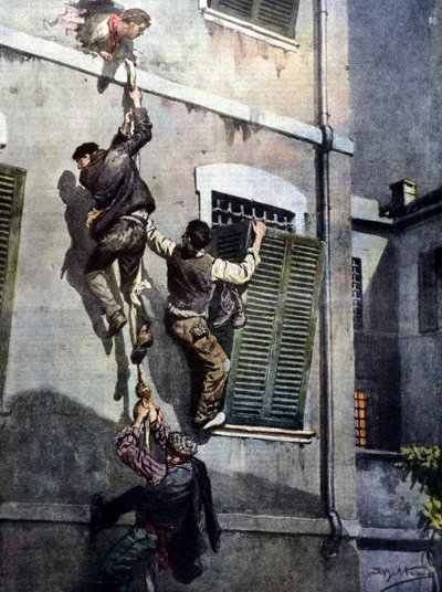 Fire indsatte undslipper fra Asti-fængslet efter at have brudt igennem muren. Tegning af Beltrame. La Domenica del Corriere. 1902 af Achille Beltrame
