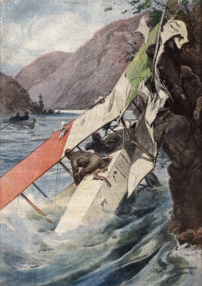 En dramatisk rekognosceringsflyvning: Efter en kamp, uden motor eller propel, lykkedes det overraskende to flyvere at nå de italienske linjer og faldt i Isonzo-floden. Ill. de Beltrame. La Domenica del Corriere. 10/1917. af Achille Beltrame
